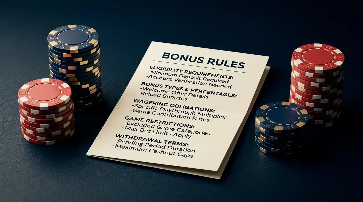 Casino chips and a document illustrating bonus wagering rules and the 2026 cap