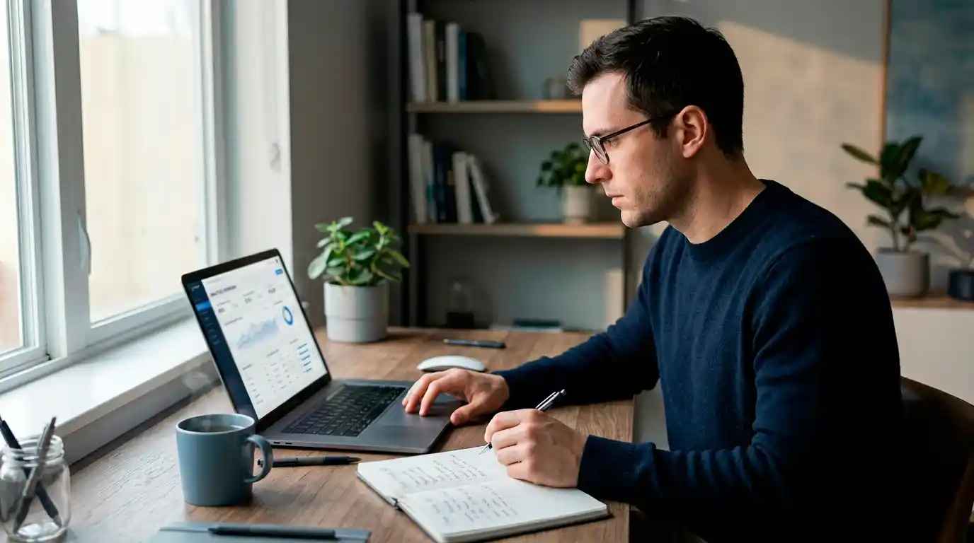 A UK player at a laptop considering the legal status of an offshore casino not on GamStop