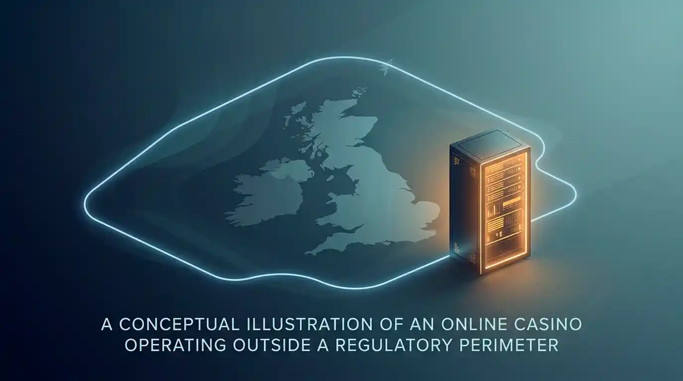 Conceptual illustration of an offshore online casino server sitting outside a UK regulatory boundary