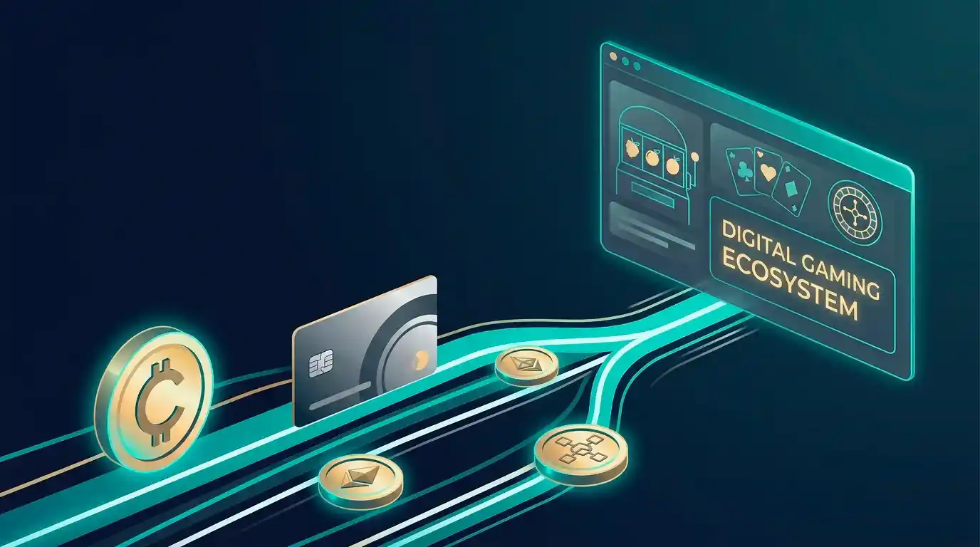 Conceptual illustration of cryptocurrency and card payments flowing toward an offshore online casino