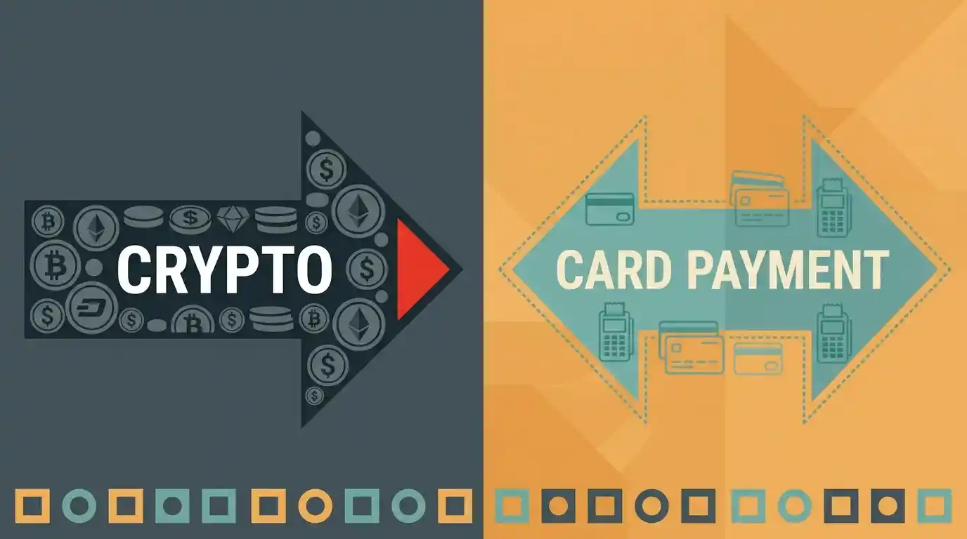 Illustration showing an irreversible cryptocurrency payment with no return path, unlike a reversible card payment