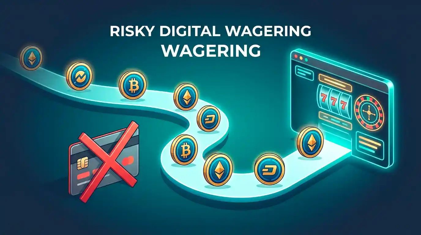 Illustration of cryptocurrency tokens flowing toward an online casino, bypassing a blocked bank card