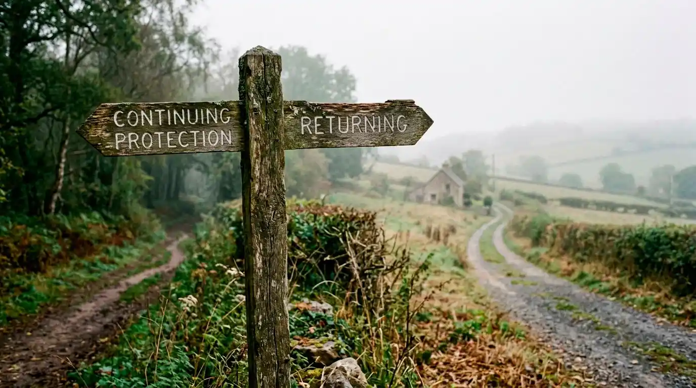 A signpost pointing between continuing protection and returning, representing a considered decision