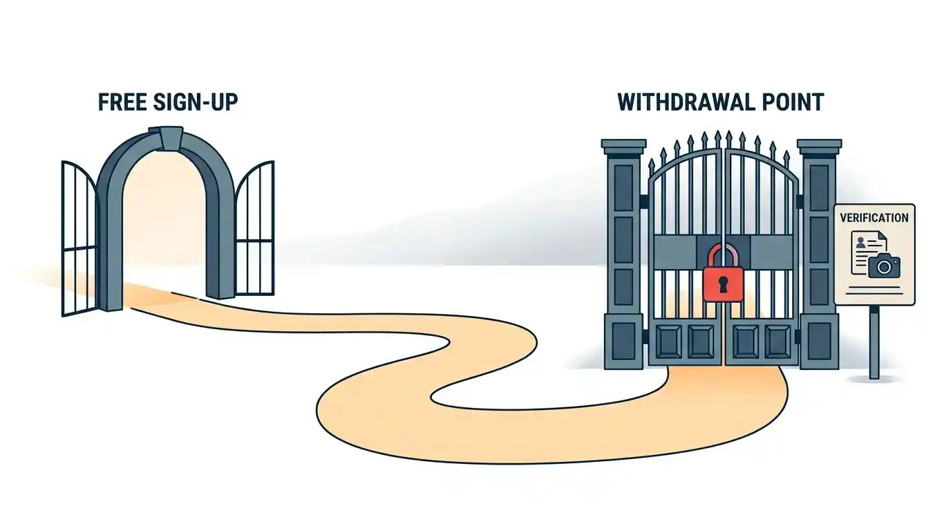 Illustration of an identity-verification gate placed at the cash-out stage rather than at sign-up