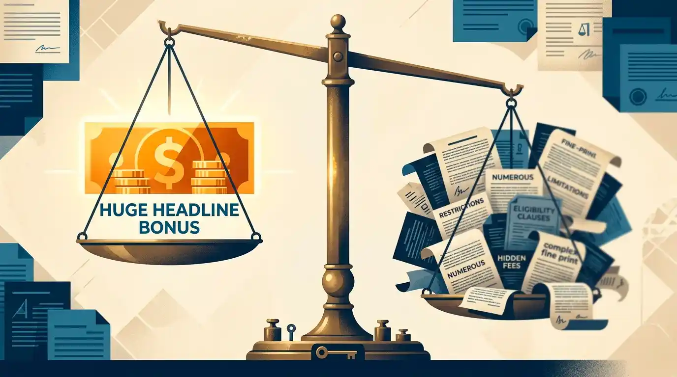 Illustration of a player weighing a headline bonus figure against the hidden terms that govern it