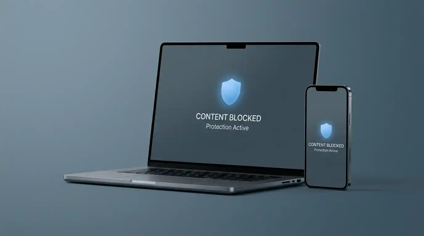 A smartphone and laptop with gambling sites blocked at the device level representing Gamban