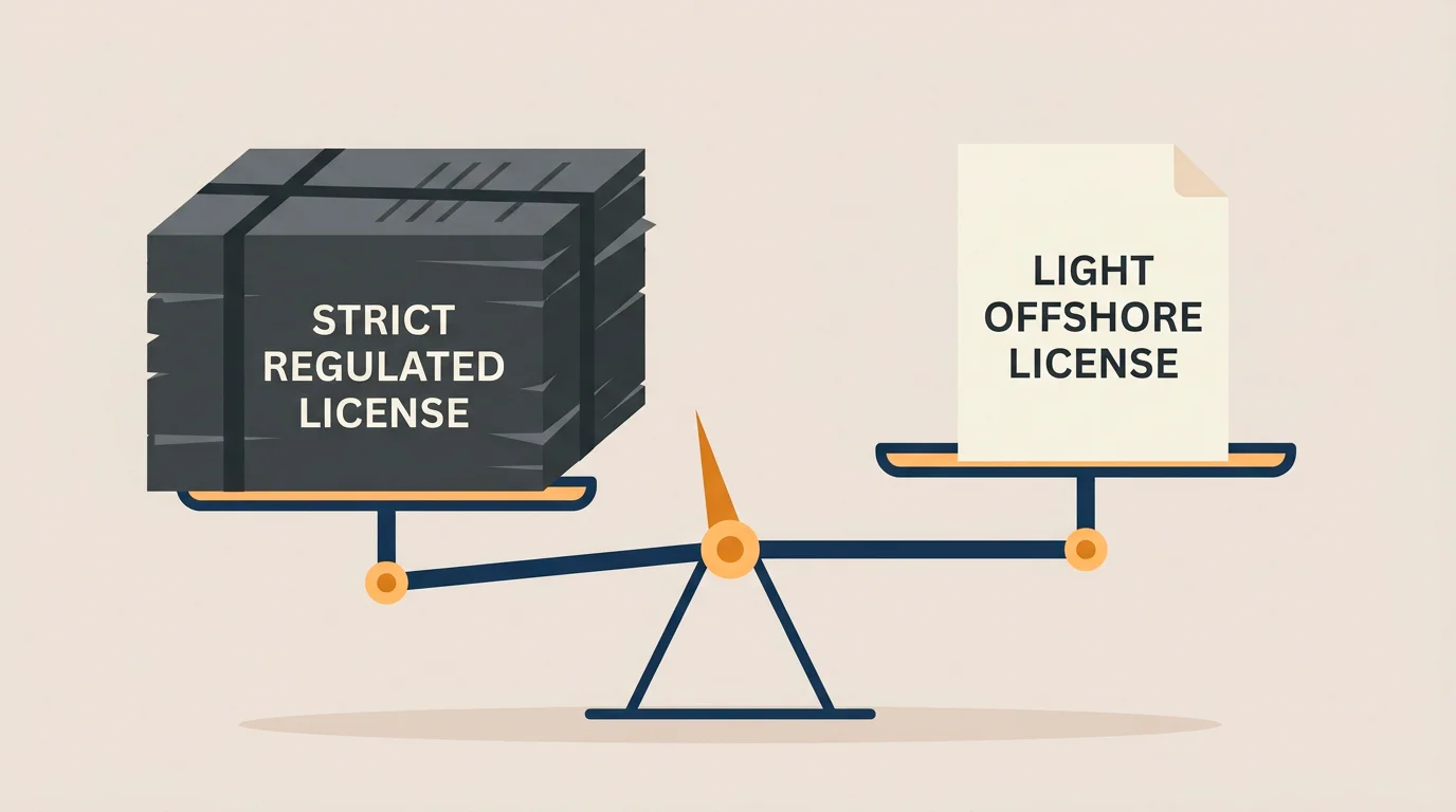 Illustration weighing a heavy regulated licence against a light offshore licence on a balance scale