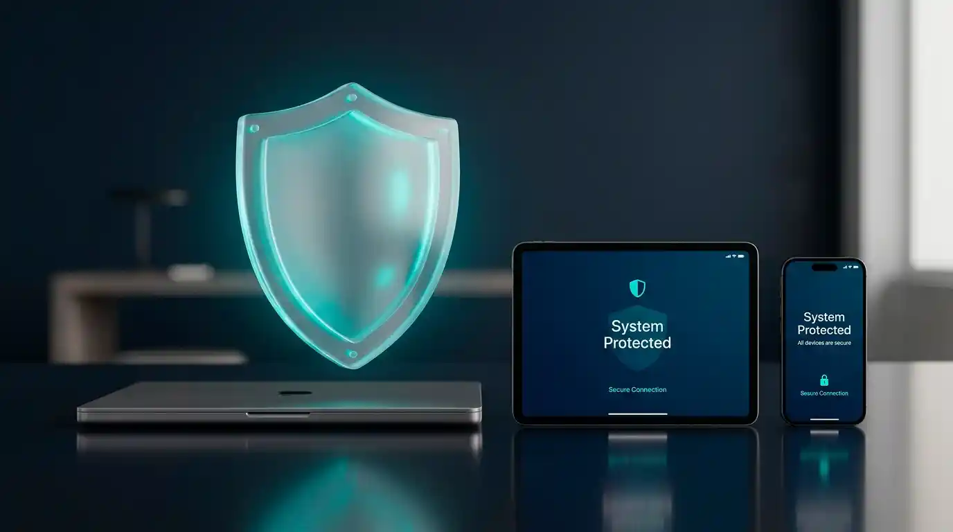 A shield over a row of devices representing the national online self-exclusion scheme