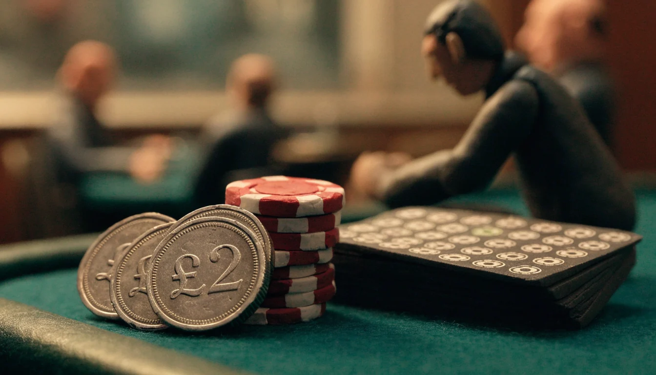 British two-pound coins on a green felt casino table with chips and cards.
