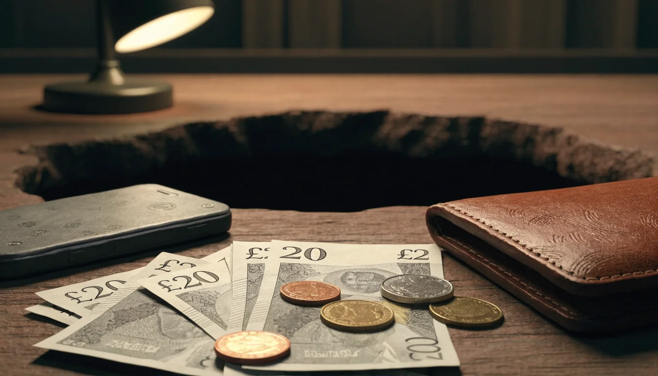 British £20 notes and coins on a table beside a wallet and phone