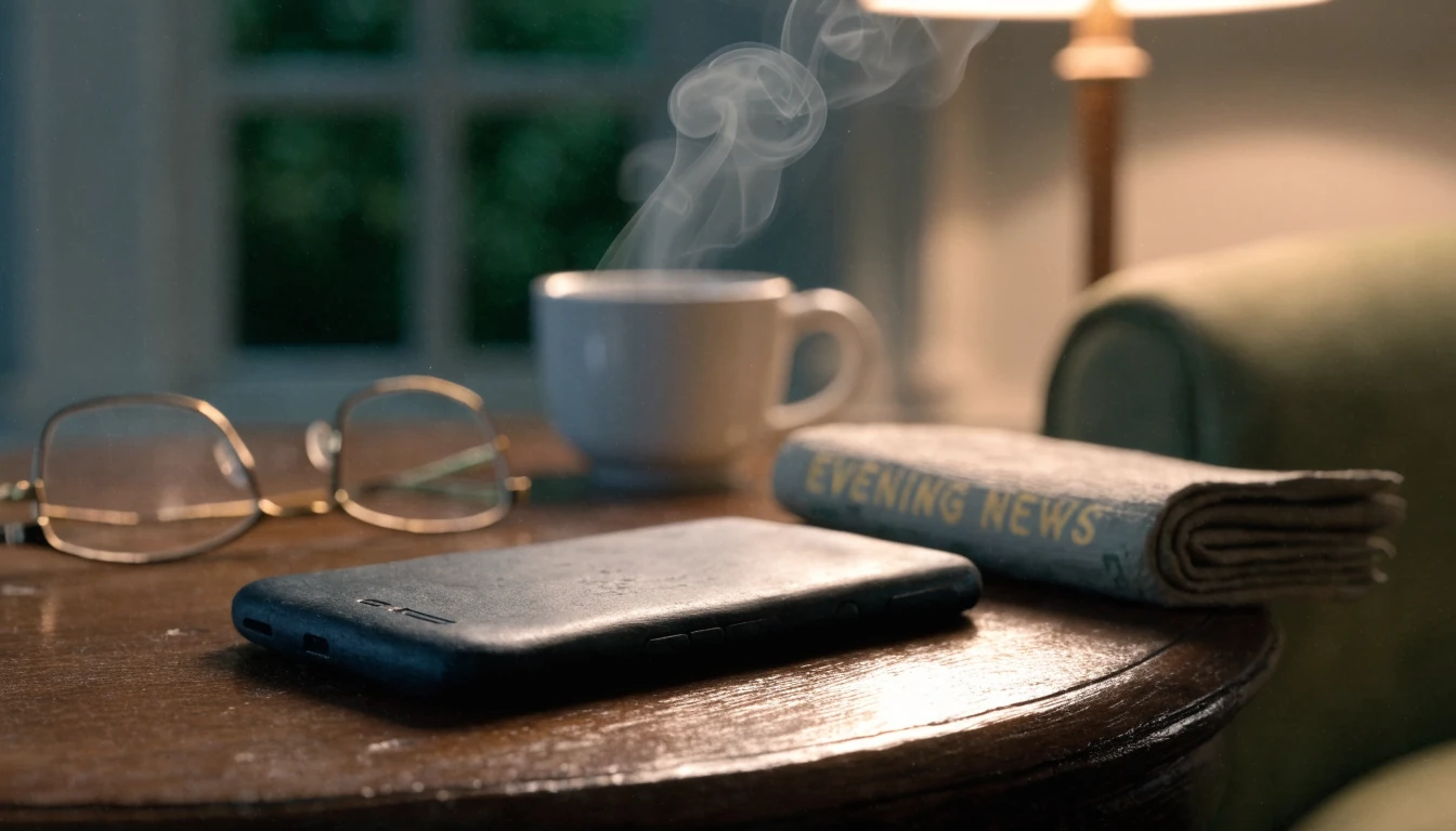 Face-down smartphone on a wooden table next to tea in a British living room
