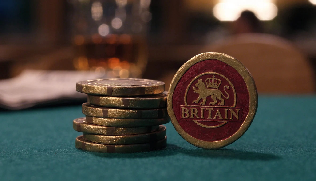 Golden casino chips and a slot token on green felt in a British gaming lounge setting.