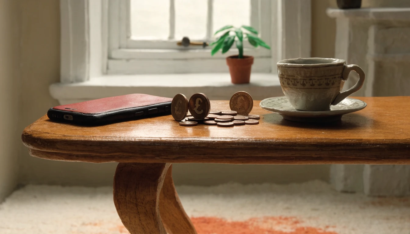 British pound coins and a face-down smartphone on a wooden table in a cozy British living room.