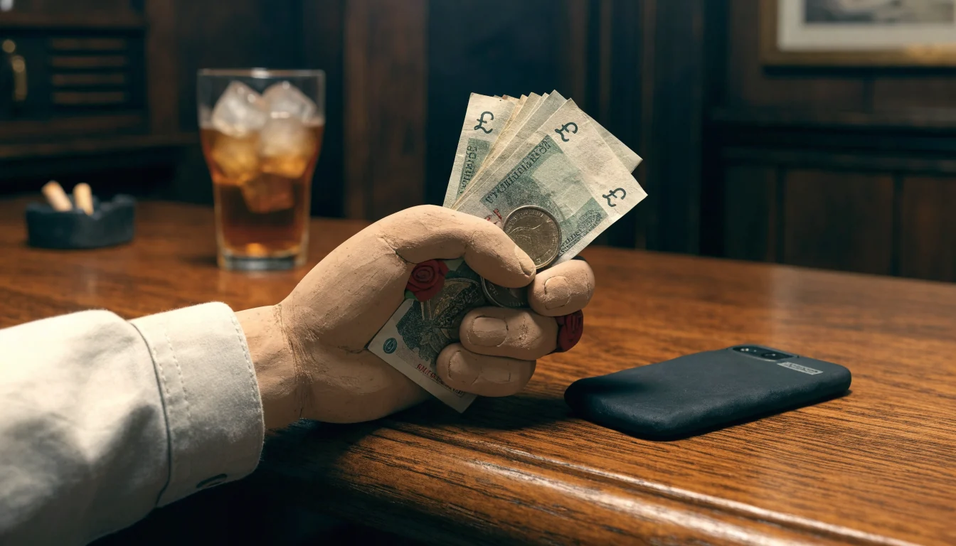 Hand with few pound notes and coins beside a face-down smartphone on a British pub table.