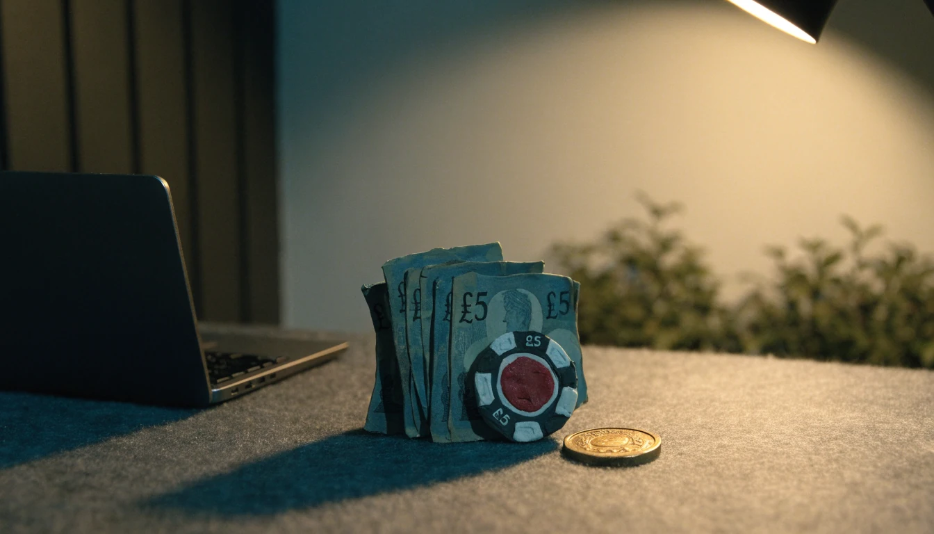Five-pound notes, a chip, and a closed laptop on a felt surface.