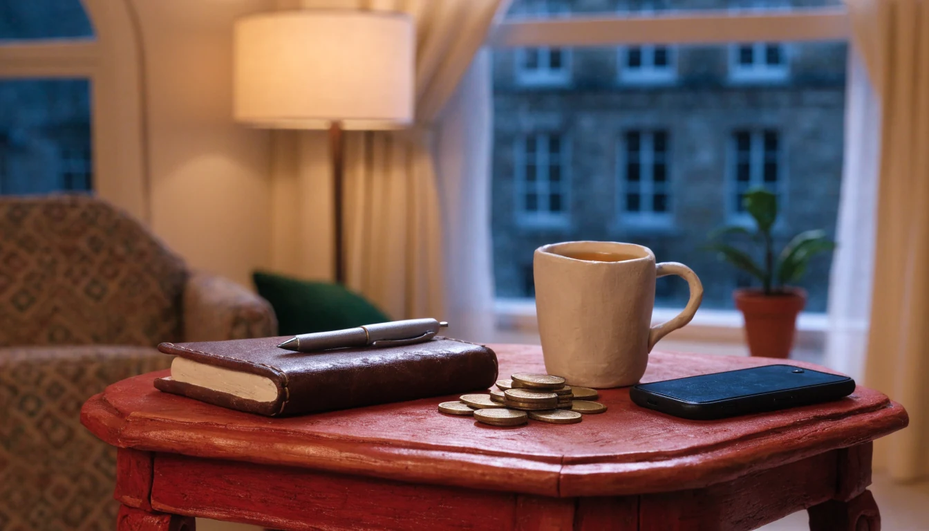 British living room table with brass tokens, notebook, mug of tea, and a face-down smartphone.