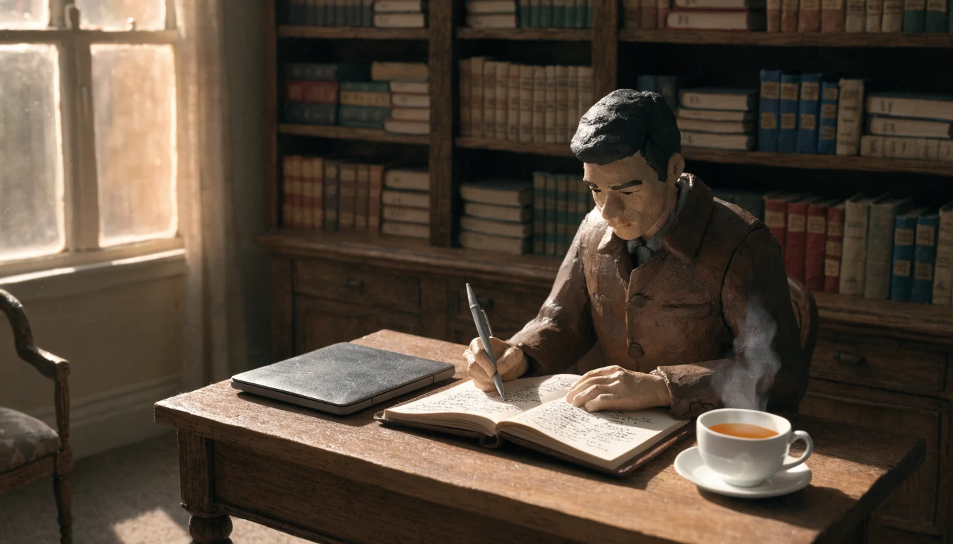 Editor reviewing notes at a wooden desk in a British home office with tea