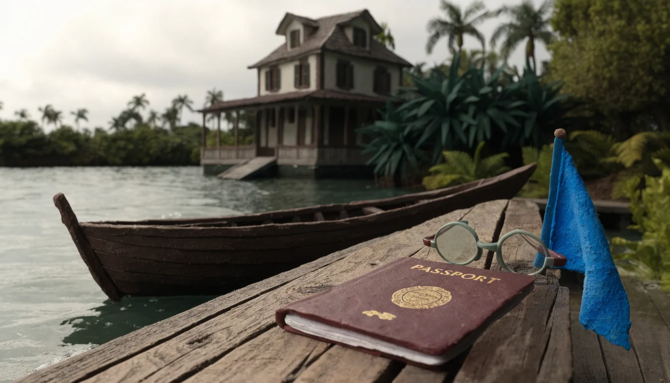 Tropical island harbour with a small administrative building and a British passport on a dock railing.
