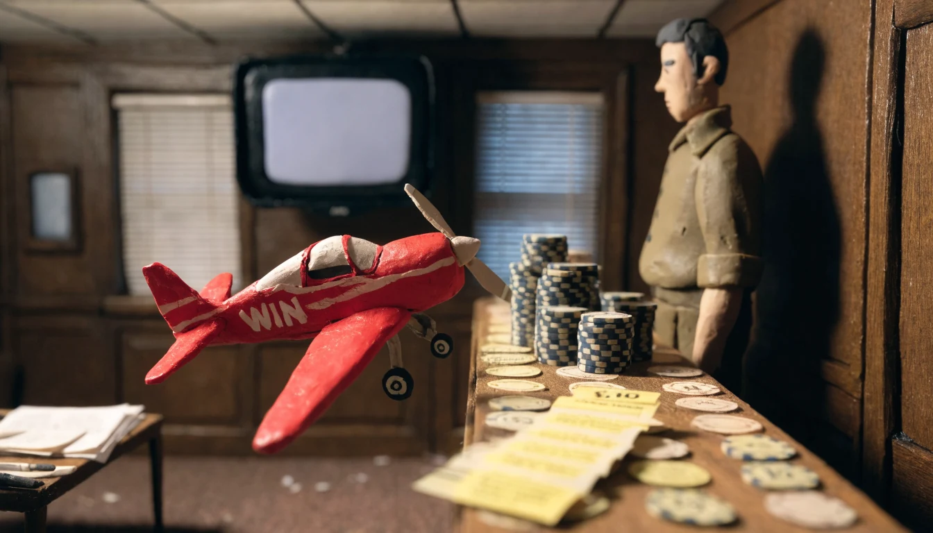 Toy plane taking off next to casino chips inside a UK betting shop.