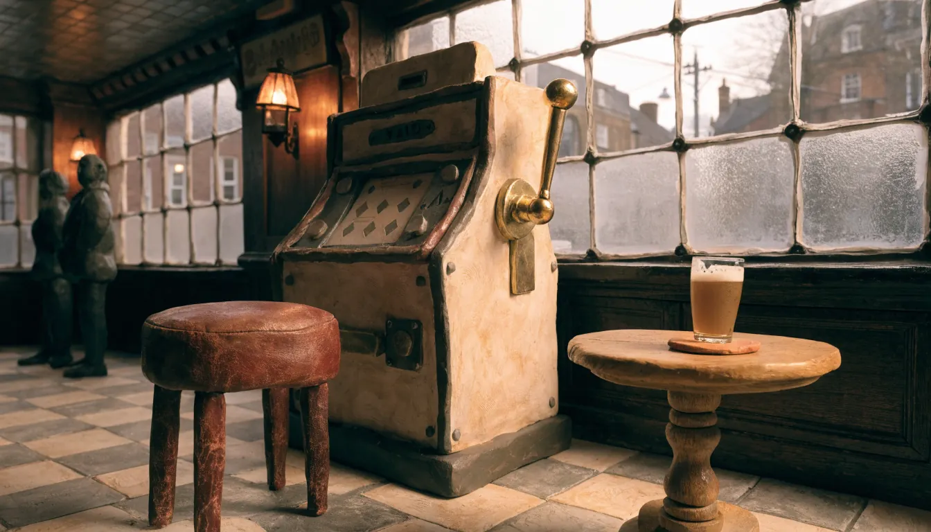 Classic slot machine in a traditional British pub interior