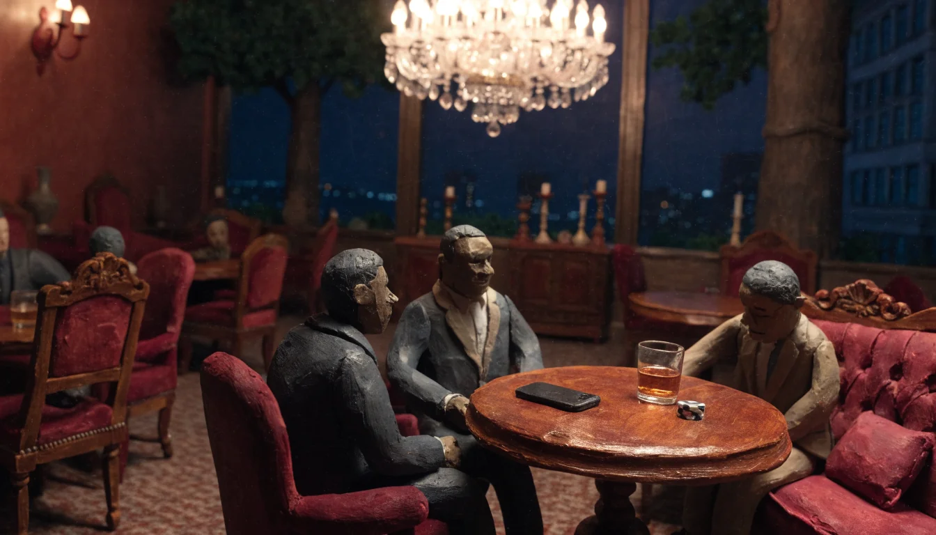 London casino lounge at night with smartphone and chip on a velvet table.