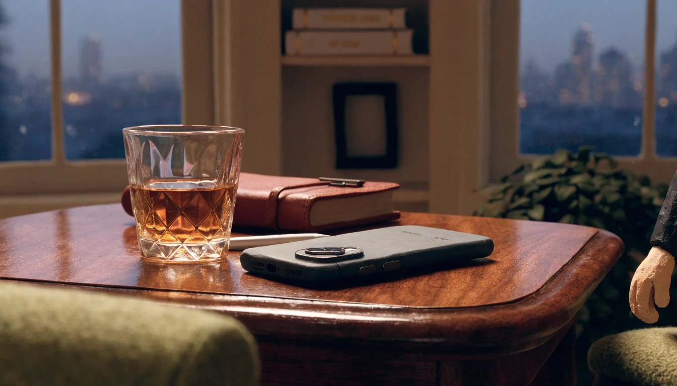 Android phone on a London apartment table at dusk with whisky nearby