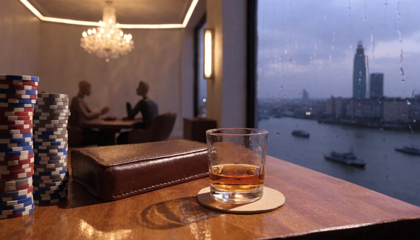 Stylish UK casino lounge scene with chips and card shoe on a polished table.