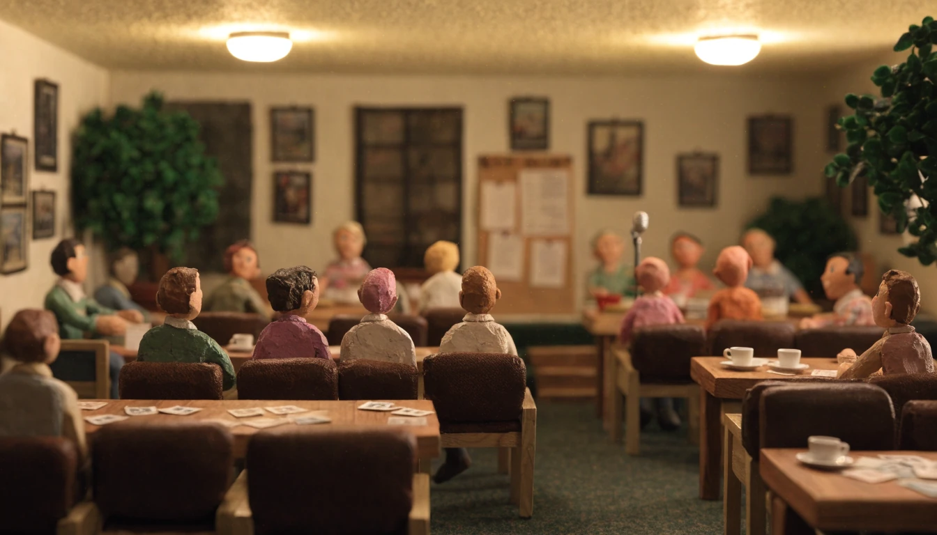 Traditional British bingo hall interior with upholstered chairs and warm lighting