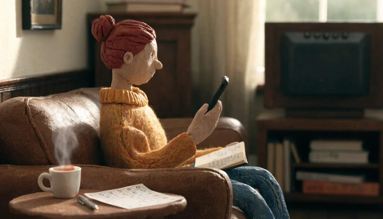 Person on sofa with phone, tea and notebook in British living room