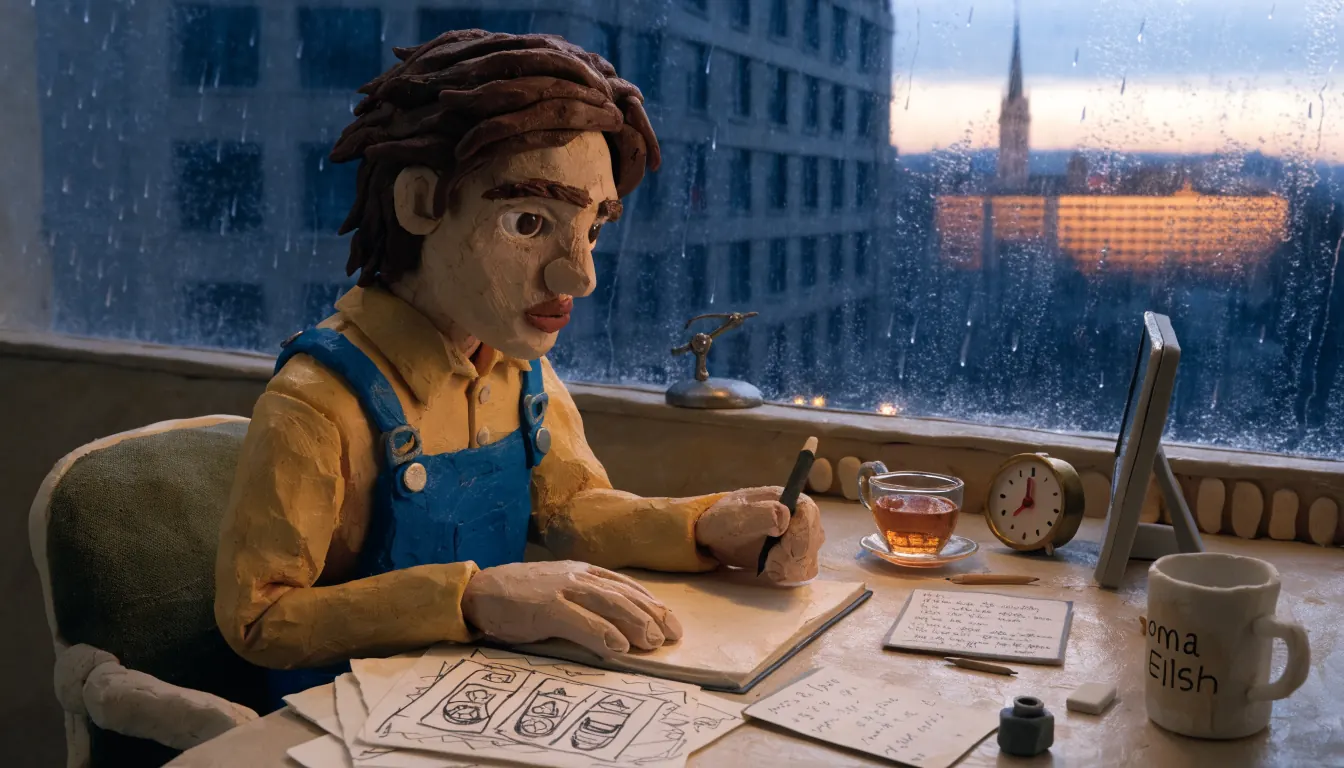 UK game studio designer sketching slot concepts at dusk with London skyline view.