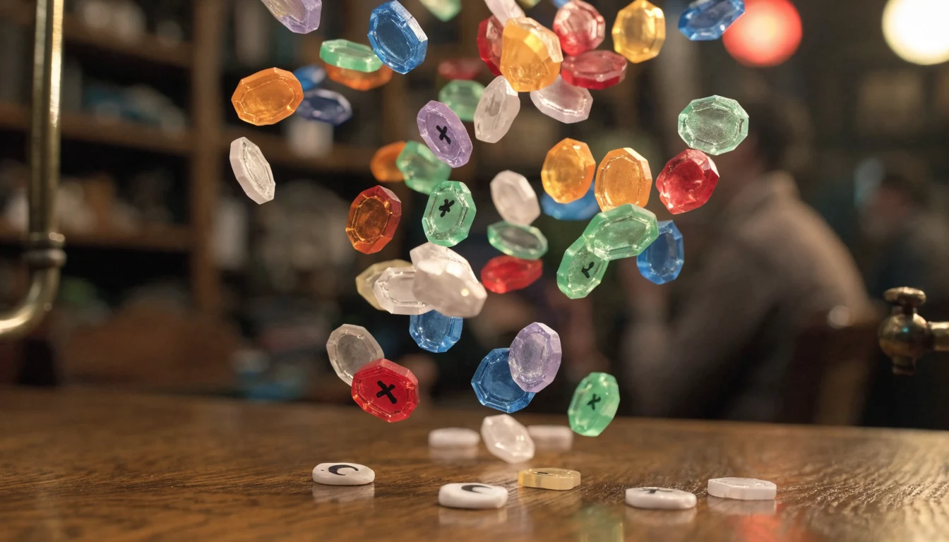 Colorful gem-shaped game tokens cascading down above a polished oak surface in a warmly lit British pub gaming lounge.