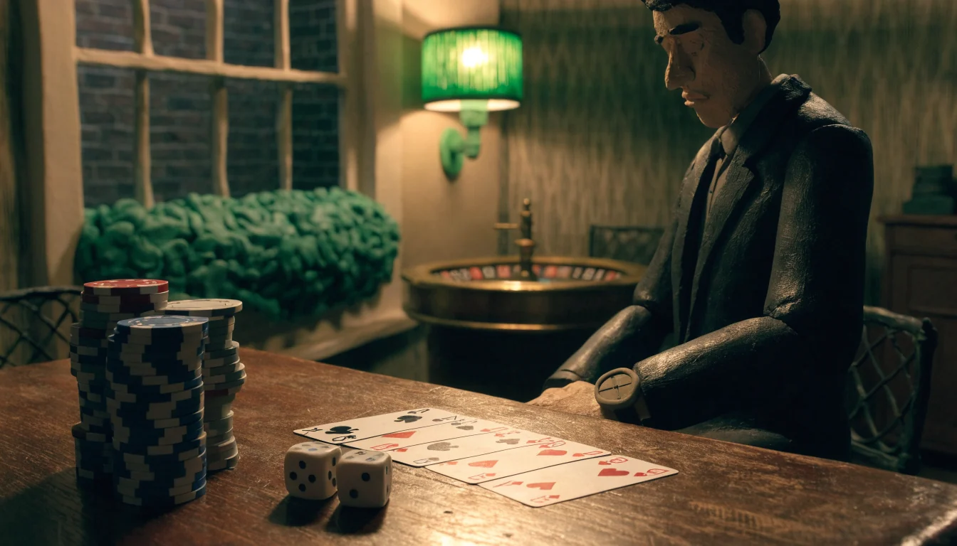 Casino chips, playing cards, and roulette wheel on a wooden table in a warm-lit room.