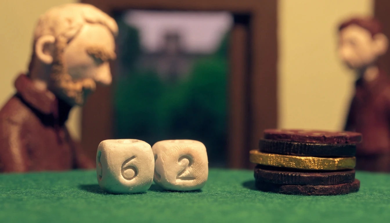 Ivory dice and casino chips on green felt in a dimly lit British gaming lounge.