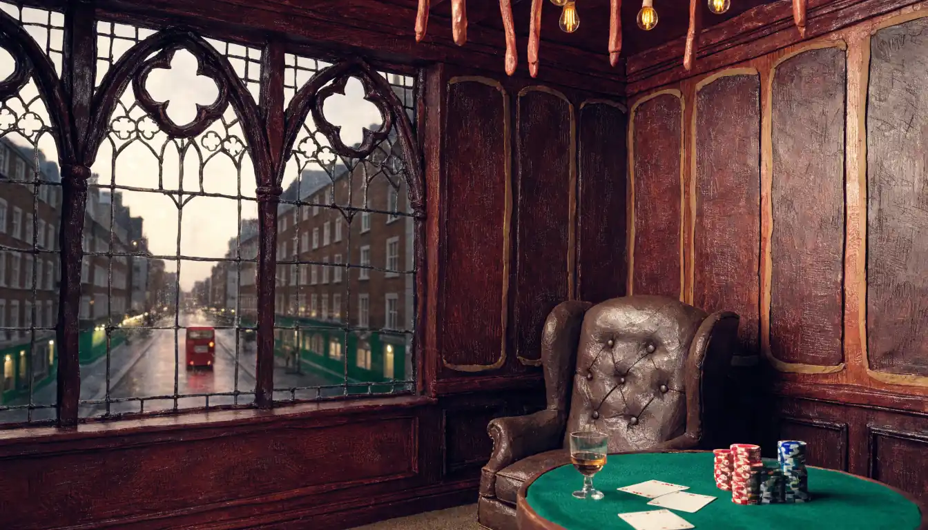 Elegant UK casino lounge with chips, cards, and London twilight skyline through arched windows