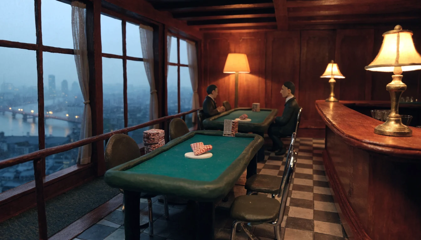 Elegant London casino lounge with green felt tables and warm lighting at dusk