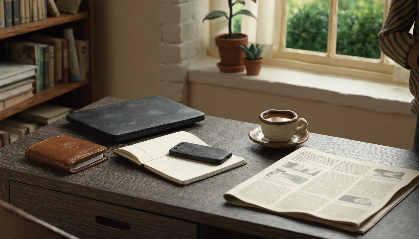 British home office desk with closed laptop, passport holder, folded newspaper, and a cup of tea in daylight.