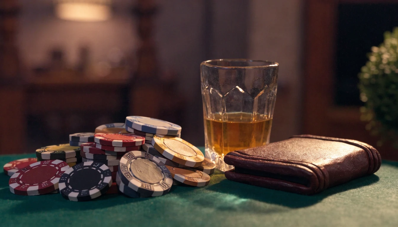 Stacked casino chips and a leather card case on a green felt table under warm lamp light