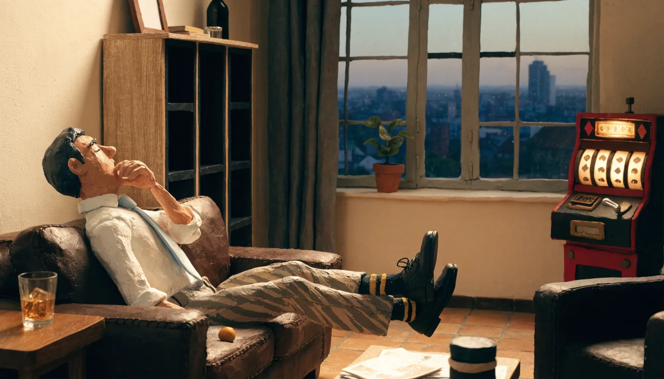 Man relaxing in a modern British living room with a slot machine cabinet at dusk.