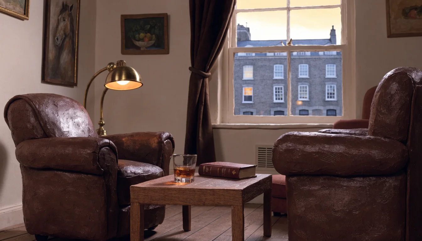 British lounge interior with leather armchairs, whisky glass, and warm lamp lighting