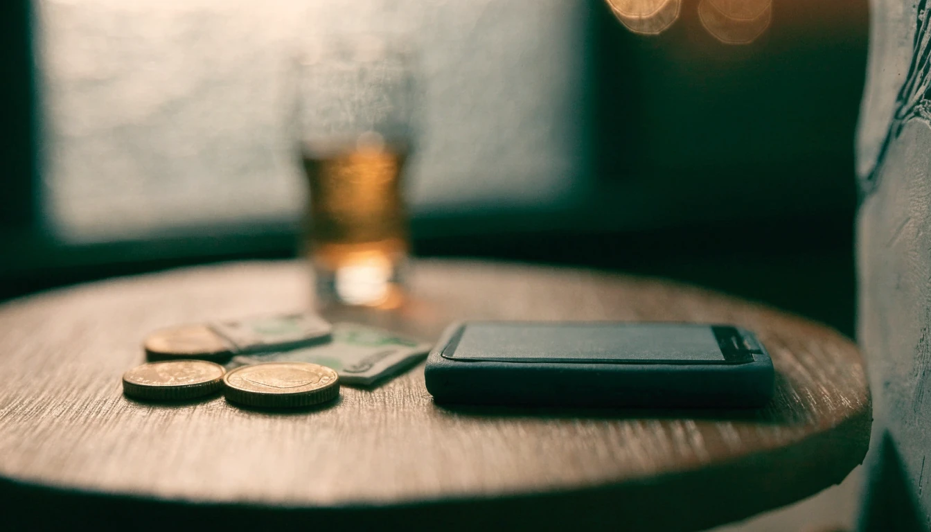 Smartphone on a pub table with pound notes, suggesting fast payouts in a UK setting.