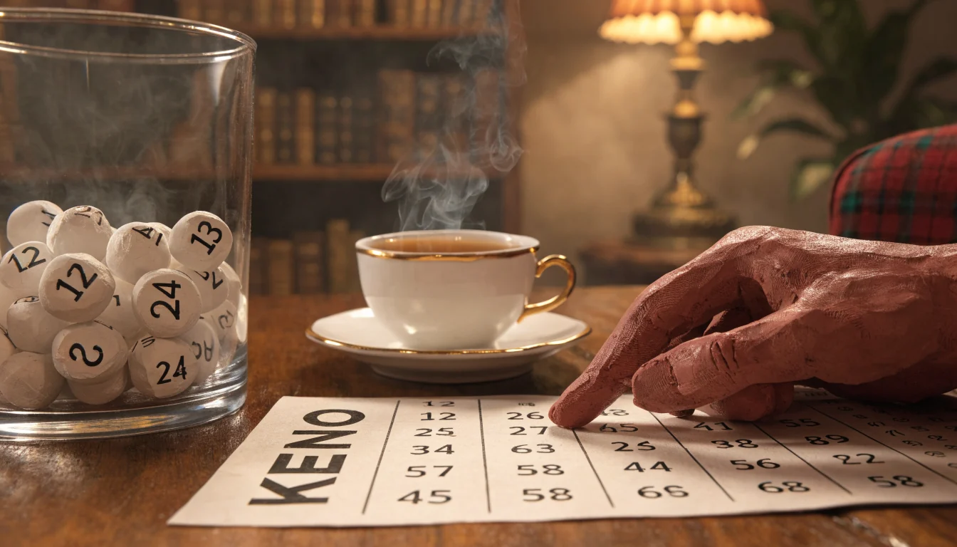Hand marking a paper keno ticket beside a glass ball hopper in a cozy British lounge.