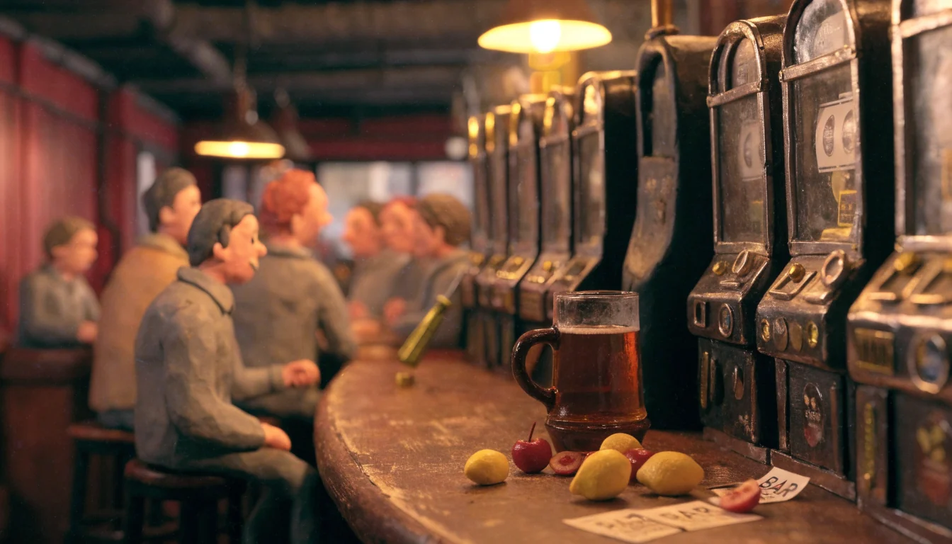 Row of classic slot machines in a warm British pub.