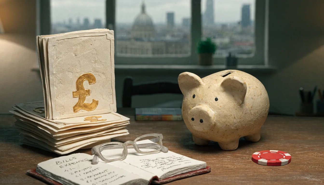 Pound notes, a piggy bank, and a casino chip on a desk under warm lamp light.