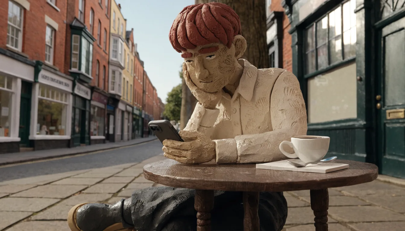 Person holding a smartphone at a British city café, paying by phone.
