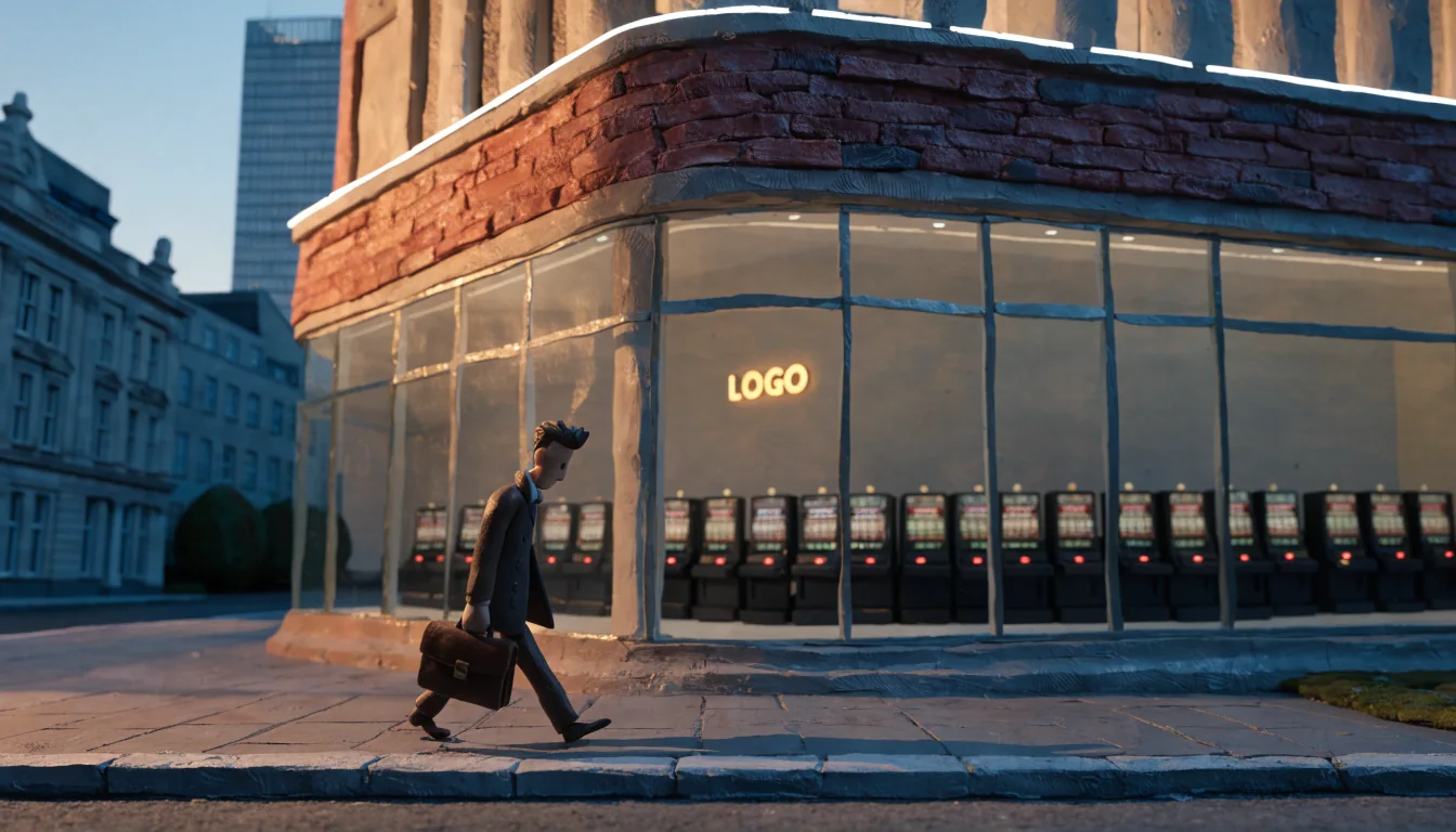 Modern UK casino operator building at dusk with slot cabinets visible inside.