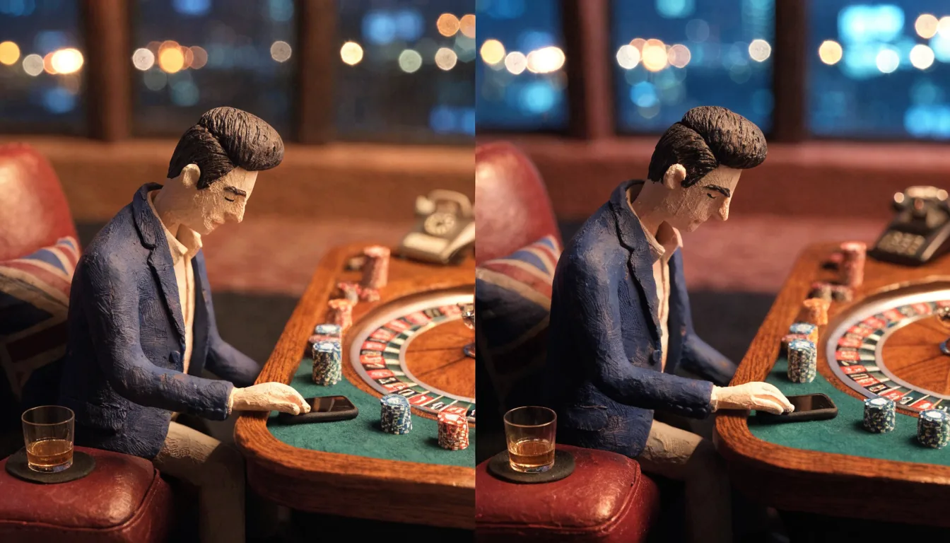 London casino lounge scene with roulette table, chips, and a well-dressed player.