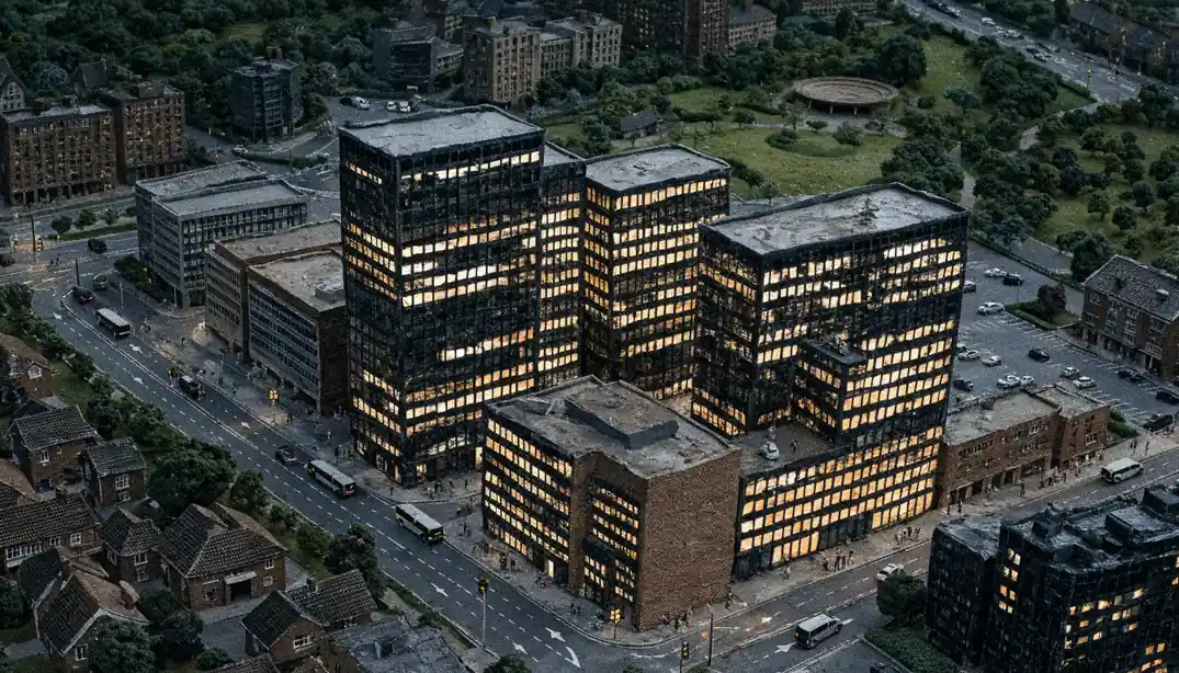 Modern UK office complex at dusk representing a software provider headquarters.
