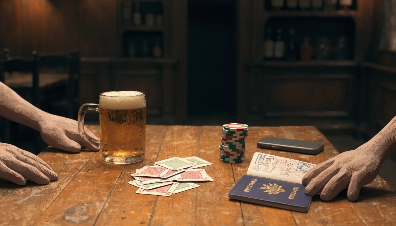 British pub table with playing cards, casino chips, passport and pint of ale.