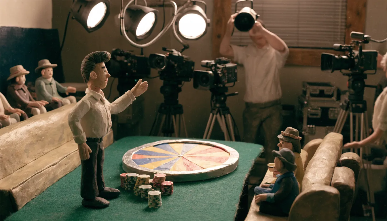 Presenter in a TV studio beside a game wheel and casino chips on a table.