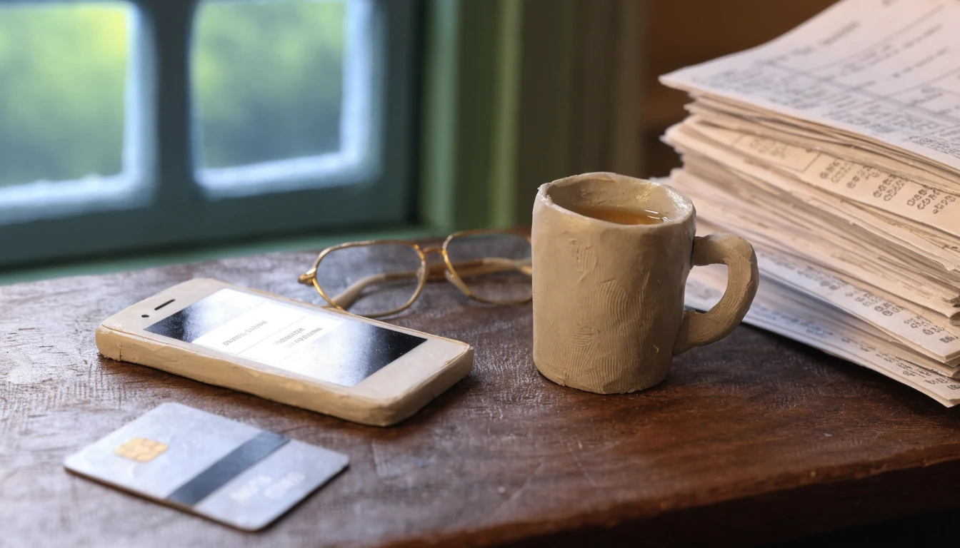 British home office desk with smartphone, contactless card, glasses, and tea mug in daylight.